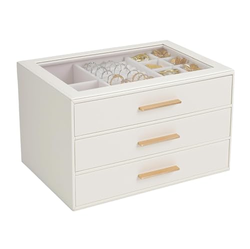 GUOER Jewelry Box for Women, Glass Lid Jewelry Organizer with 3 Drawers PU Jewelry Storage Case for Necklaces Rings Earrings Bracelets, White