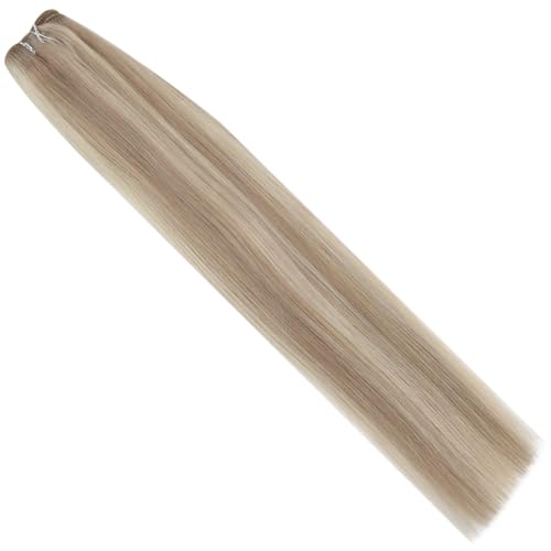 Image of Full Shine Sew In Hair Extensions Real Human Hair 12 Inch 80G Ash Blonde | Invisible Weft Extensions, Soft Straight Hair, color Ash Blonde Highlight Bleach blonde, Short Daily Wear, Women Looks