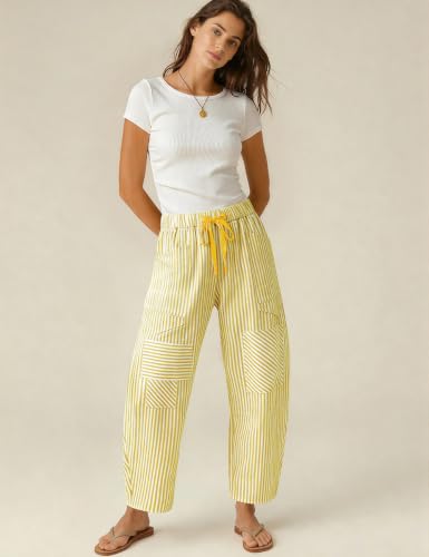 Image of TARSE Womens Striped Linen Barrel Pants with Pockets Y2k Patchwork