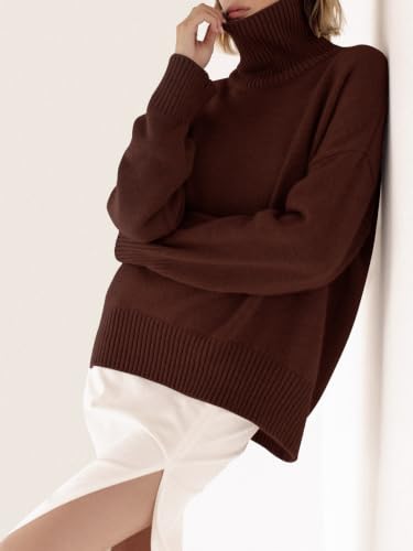 Image of YKR Women's Turtleneck Sweater Chunky Long Sleeve Knitted Pullover High Low Hem Trendy 2026 Fall Winter Basic Jumper Top