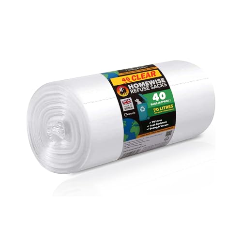 Homewise 70L 40 Large Clear Recycling Bags | Transparent Recycling Bin Bags & Refuse Sacks | 120 Gauge Heavy Duty Bin Liners | Large Waste Bags Made from 100% Recycled Material