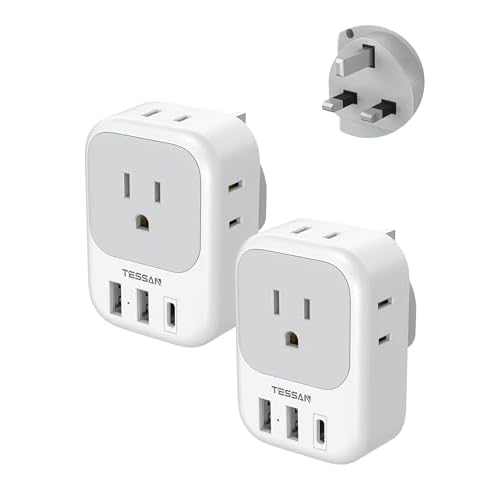 UK Adapters for Travel 2 Pack, TESSAN Type G US to UK Plug Adapter with 4 Outlets 3 USB Charger(1 USB C Port), Power Adaptor for USA to Ireland Scotland Dubai Hong Kong England British Kenya