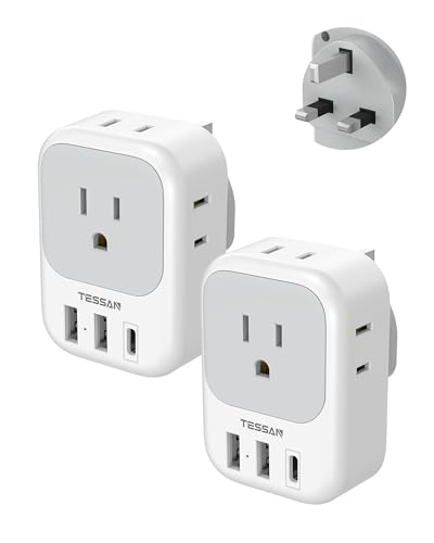 UK Adapters for Travel 2 Pack, TESSAN Type G US to UK Plug Adapter with 4 Outlets 3 USB Charger(1 USB C Port), Power Adaptor for USA to Ireland Scotland Dubai Hong Kong England British Kenya London