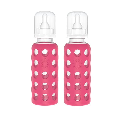 Lifefactory Glass Baby Bottle BPA Free | Protective Silicone Sleeve | 9 oz Pack of 2 | Raspberry