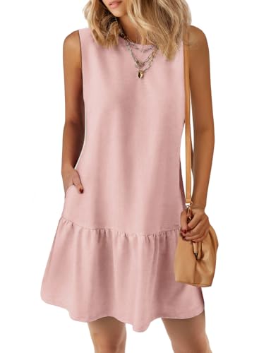 Image of PRETTYGARDEN Casual Short Summer Dresses for Women 2025 Sleeveless Crewneck Cute Ruffle Loose Vacation Mini Tshirt Dress