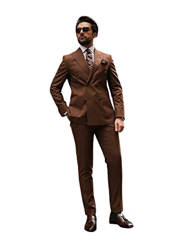 Men's Two Pieces Business Suit Set, Double Breasted Buttons Peak Lapel Jacket Pants Tuxedos Wedding Casual Party