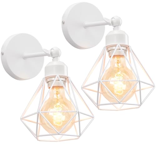 TOKIUS Lampada da Parete Interna Industriale Applique da parete Gabbia Interno E27 Metallo Lampadari e Plafoniere Cucina regolabile 180° Per Cucina Camera da letto (Bianco, 2 pezzi)