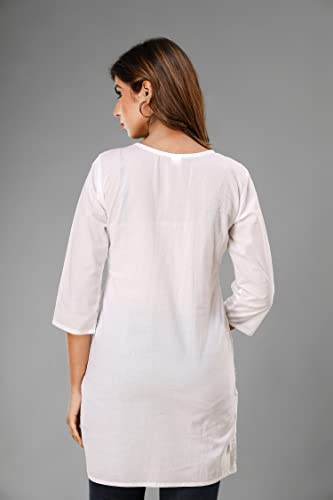 Image of Lucknowi Chikan Embroidered Short Casual White Kurti for Women