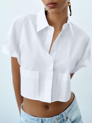 Tankaneo Womens Button Down Shirts Cropped Short Sleeve Casual Crop Tops Blouses with Pockets3