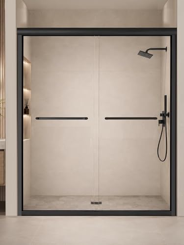 Semi-Frameless Sliding Glass Shower Door 56-60 in. W x 72 in. H, Matte Black Frame, 1/4 in. Clear...