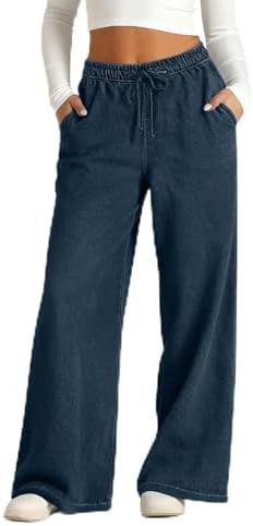 Wide Leg Jeans for Women High Waisted Stretchy Baggy Drawstring Pants Loose Denim Palazzo Solid Color Trousers with Pockets