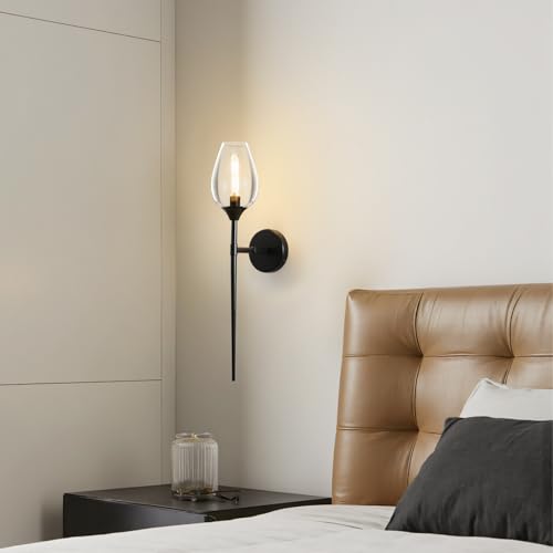Image of 2 Pack Blcak Glass Wall Sconce Light,Vanity Light with Flower Shade | Decorative Wall Sconces Lights over Mirror,Indoor Brass Bathroom Vintage Vanity Lighting for Bedroom Living Room