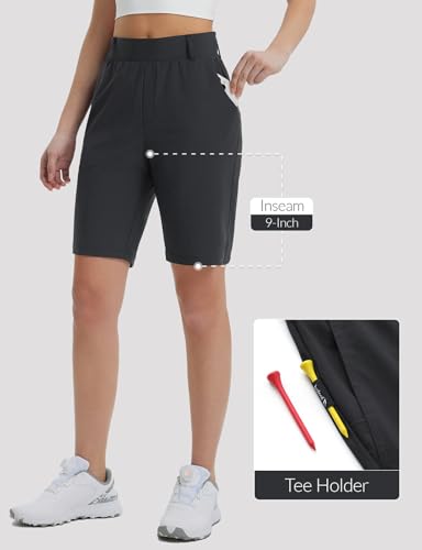 BALEAF Women's Golf Shorts 9'' Knee Length Stretch Bermuda Long Shorts Belt Loops Pockets Casual Work UPF 50+3
