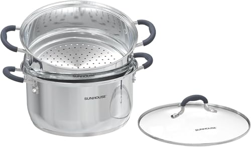 SUNHOUSE - 3.1 Quart Steamer Pots With Lid 2-Tier Multipurpose Stainless Steel Steaming Pot Cookware With Handle For Vegetable, Dumpling, Sauce, Food - Triple Bottom, Measurement Line SUNHOUSE - 3.1 Quart Steamer Pots With Lid 2-Tier Multipurpose Stainless Steel Steaming Pot Cookware With Handle For Vegetable, Dumpling, Sauce, Food - Triple Bottom, Measurement Line