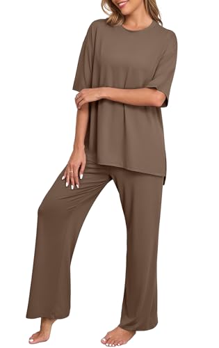 Image of PrinStory Womens Pajamas Sets 2 Piece Lounge Set Short Sleeve Tops and Long Pants Soft Pjs Loungewear with Pockets