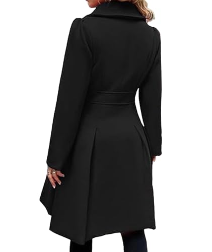 Image of Sexyshine Women's Double Breasted Trench Coat Notch Lapel A-Line Slim Flared Pleated Wool Blend Pea Coat with Pockets