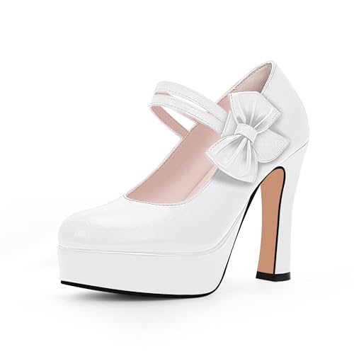 Women's Bow Plafrom High Heel Mary Janes Pumps Hook Loop Round Toe Dress Shoes