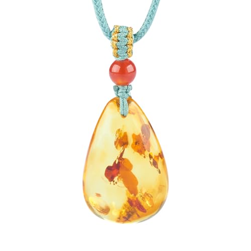 ELEGAMBER Handgefertigte natürliche Baltic Amber Teardrop Anhänger Halskette, Cognac Farbe, polierte Bernstein, Holz Geschenkbox Verpackung, Energy Stone Elektronische...