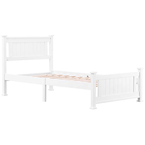 Bonnlo Twin Size Solid Wood Platform Bed Frame, Single Bed With Headboard, No Box Spring Needed Panel Bed, Wood Slat Support Mattress Foundation, White #TOP7