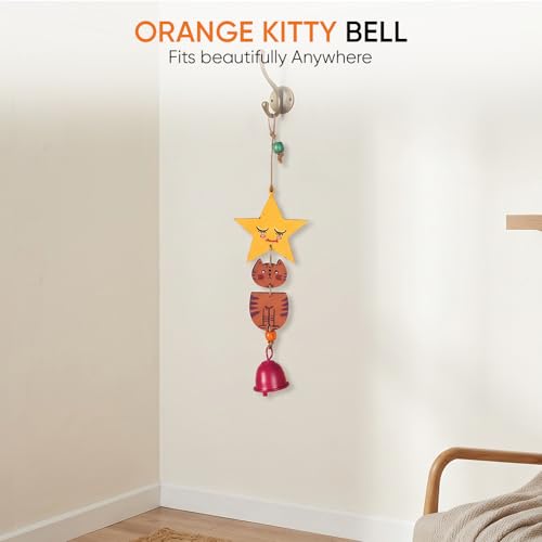 Image of Aakriti Art Creations Orange Kitty Wind Chime Multicolor | Handmade Modern Art Wooden & Metal Wind Chime | Matte Decorative Wind Chimes for Balcony, Garden, Living Room & Gifting