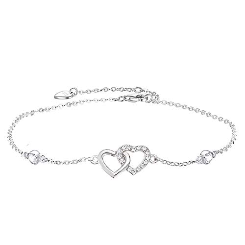 AONED Heart Ankle Bracelets for Women S925 Sterling Silver Double Heart Dainty Cz Anklet Teen Girls Beach Foot Jewelry