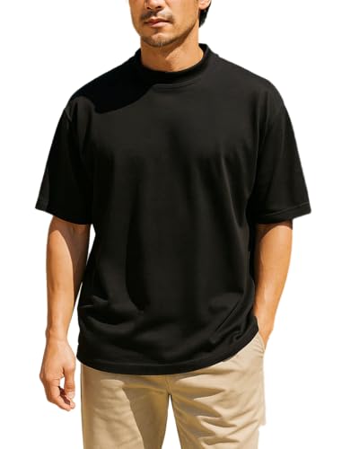 Akwa Men’s Mock Turtleneck T-Shirt Lightweight Moisture Wicking Short Sleeve for Golf Work Layering Shirt Breathable Made in USA Black