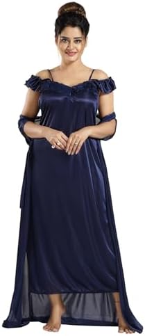 Apparels Solid Satin 4 Piece Nightwear Set (1 Robe, 1 Nighty, 1 Top, 1 Pyjama) for Women | Sleepwear | Free Size