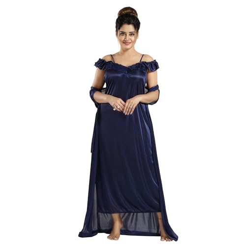 Apparels Solid Satin 4 Piece Nightwear Set (1 Robe, 1 Nighty, 1 Top, 1 Pyjama) for Women | Sleepwear | Free Size