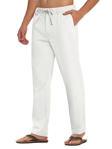 PLEPAN Mens White Linen Pants Casual Stretch Elastic Drawstring Waist Lightweight Summer Beach...