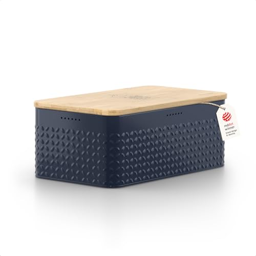 LARS NYSØM Bread Box I Metal bread box for long lasting freshness I Baked goods Bin with bamboo lid usable as cutting board I 13.4x7.3x5.3In (Midnight Blue)
