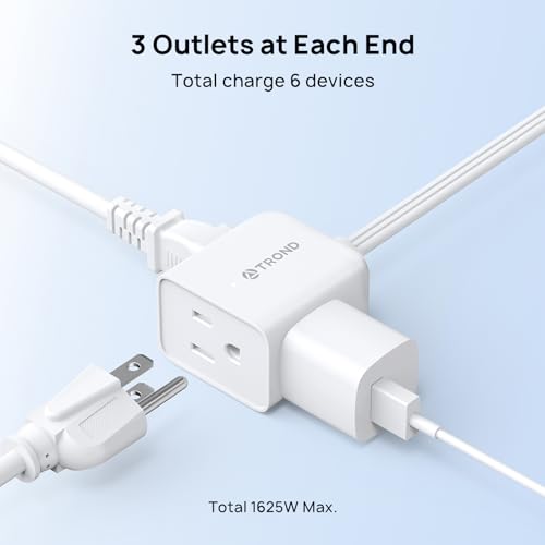 Image of TROND Split Extension Cord with Flat Wall Plug, Twin 10ft Each Side, White | Low-Profile Dual End 3 Outlets Extender, 1625W for Indoors Behind the Middle of Sofa Couch Bed TV Stand, Easy to Hide