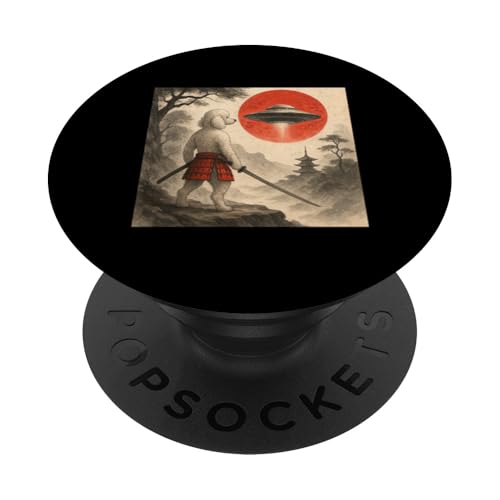 Caniche Samurai UFO Vintage Japonés Ukiyo-e Perro Amante PopSockets PopGrip Adhesivo