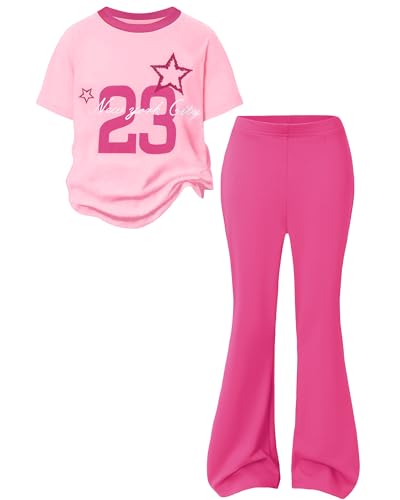 Image of Girls 2 Piece Outfit Colorblock Short Sleeve Graphic Tee & Flared Pants Casual Summer Clothes Set for Age 6-14