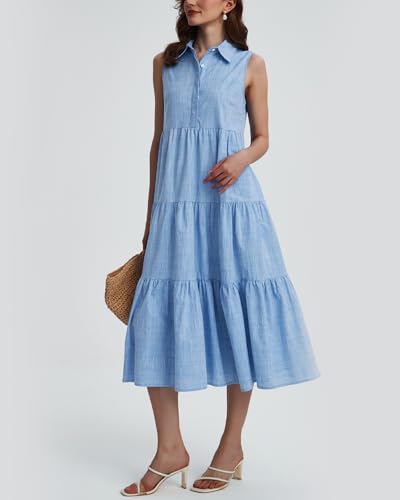 Womens Summer Button Down Maxi Shirt Dress Sleeveless Collared V Neck Tiered Flowy Midi Dress4