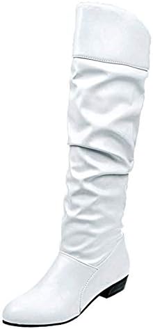 Goldweather Knee High Boots for Women Round Toe High Tube Flat Heels Riding Boots Pull On Cold Weather Winter Snow Booties(9.5-10,White 1)