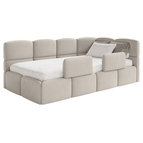 Selsey Jugendbett 120x200cm Hellbeige gepolstert mit Stauraum und Lattenrost, Polsterbett Kinderbett mit 2 Schutzbarrieren, Jugendbett rechtsseitig mit Bettkasten, Bett 120x200 für Kinderzimmer