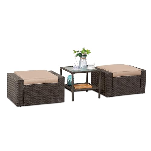 All Weather Outdoor Ottoman Set of 2 with Glass Coffee Table, PE Rattan Outdoor Couch with Metal Frame Removable & Washable Cushion for Patio Garden Balcony, Khaki&Brown