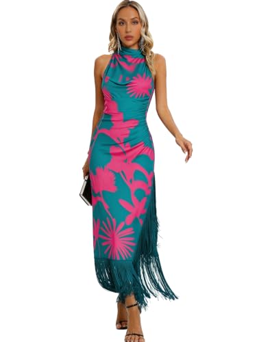 Image of Aigeman Women Vintage Flapper Dresses 1920s Great Gatsby Halter Fringed Maxi Dress Tassels High Split Formal Dress 19