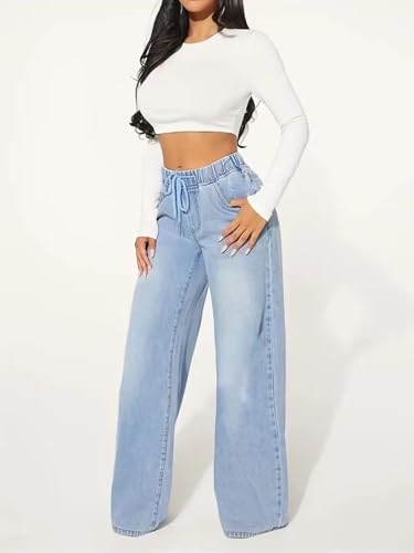Women's Drawstring Jeans Elastic High Waisted Wide Leg Denim Pants Casual Baggy Jeans with Pockets4