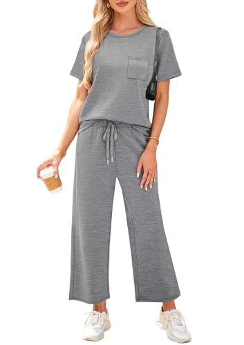 Image of WIHOLL 2 Piece Sets for Women Casual Summer Travel Vacation Outfits Short Sleeve Wide Leg Crop Pants Lounge Sets