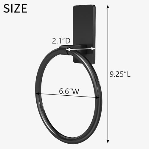 Image of STWWO Black Hand Towel Holder for Bathroom, Adhesive Towel Rings, 2 Pack | Self Adhesive Round Towel Holder for Bath RV Kitchen, No Drill Hole