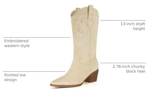 Image of iiimmu Cowgirl Boots Women Knee High Boots Pointed Toe and Block Heel Cowboy Suede and Faux Leather Boots with Embroidered