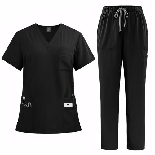 Meichoon Medical Scrubs Set Nursing Uniform with 8 Pockets Adjustable Waist Wrinkle-Resistant Unisex DK77Black M