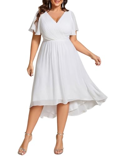 Image of Ever-Pretty Plus Summer Short Sleeves V-Neck Formal Wedding Guest Dresses for Curvy Women Chiffon Midi Cocktail Party Dress