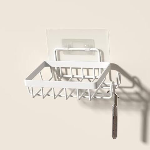 Oasiteege White Soap Bar Holder for Shower Wall, Adhesive Self Draining Soap Dish Container Caddy Saver with 2 Hooks for Razor Loofah, Shampoo Sponge Tray Case Box for Bathroom Kitchen Sink Cover