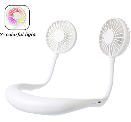 ANYPOWK Portable Neck Fan, USB Rechargeable Personal Fan with 3 Speeds Adjustable, Neckband Fan with LED Lights - White