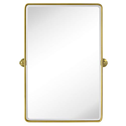 Image of TEHOME Gold Pivot Rectangle Bathroom Vanity Mirrror Farmhouse Tiltable Rounded Metal Framed Pivoting Bathroom Mirror with Beveled Mirrror, Overall 26.91 x 35 inches (Mirrror 23 x 35 inches)