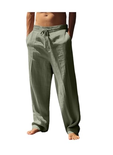 Men Linen Pants Summer Elastic Waist Drawstring Baggy Trousers Lightweight Beach Pants with Pockets