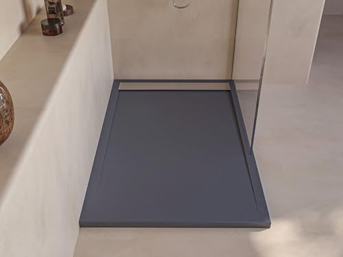 SOULBATH Plato de Ducha - Resina - Gel Coat - Textura Liso/Piedra - Antideslizante - Color Pizarra - 130x90- Extraplano 3cm. Incluye Válvula de desagüe - Rejilla Inox