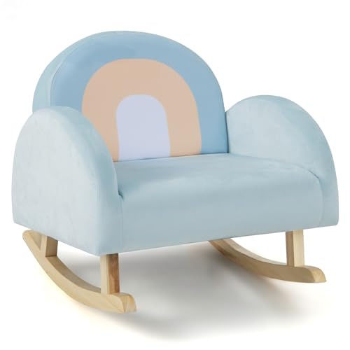 COSTWAY Sillón Infantil Mecedora, Sofá Tapizado para Niños con Estructura de Madera de Caucho Macizo y Funda de Terciopelo Suave para Guardería, Sala de Juegos, Dormitorio